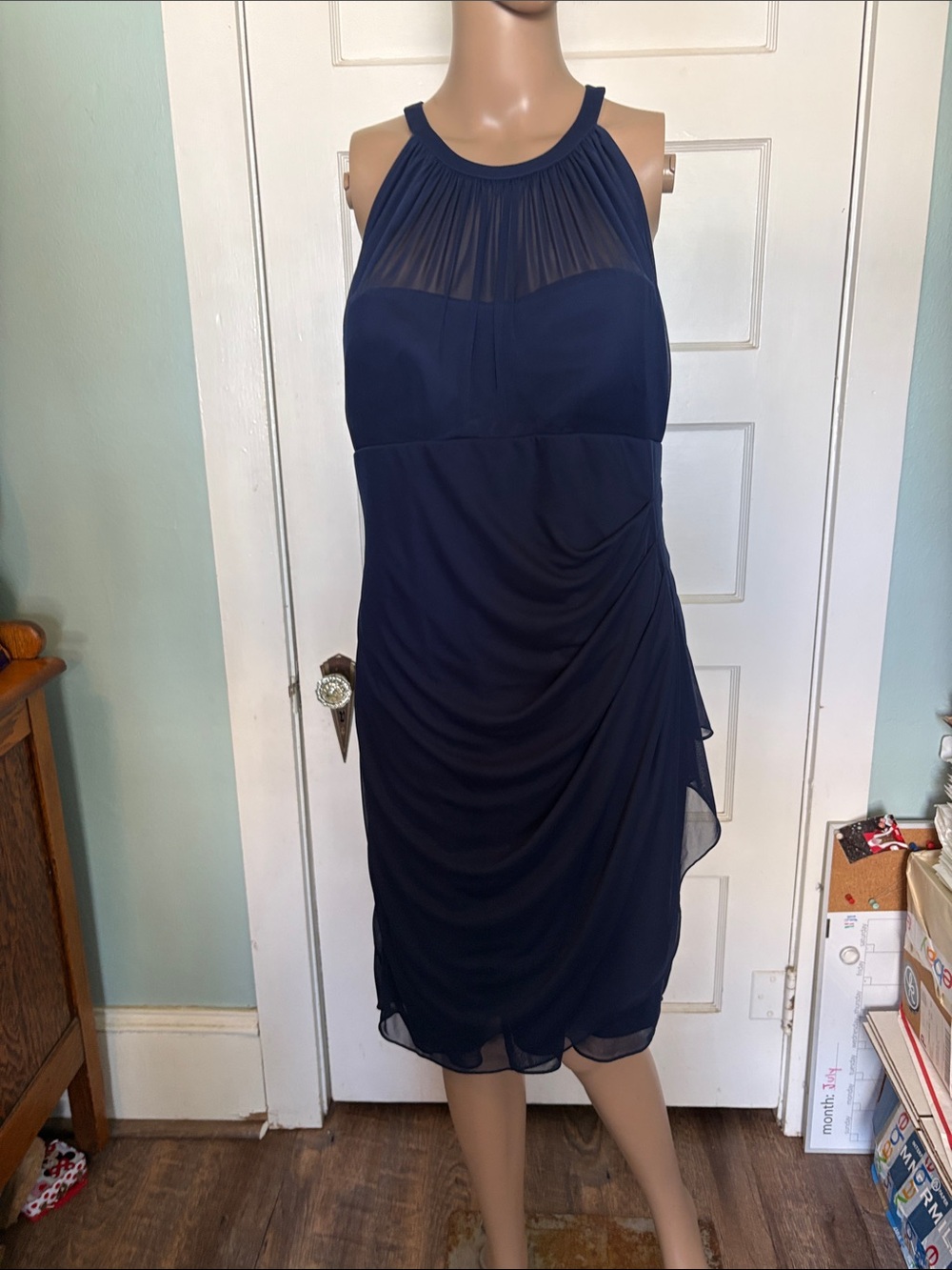David’s Bridal Navy Halter Sheer Yoke Cocktail Dress with Built In Bra Size 14